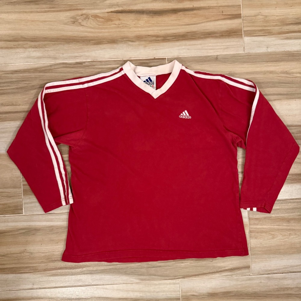 Vintage Adidas Long Sleeve V-Neck Shirt Red White 3 Stripe Mens Large RN 88387